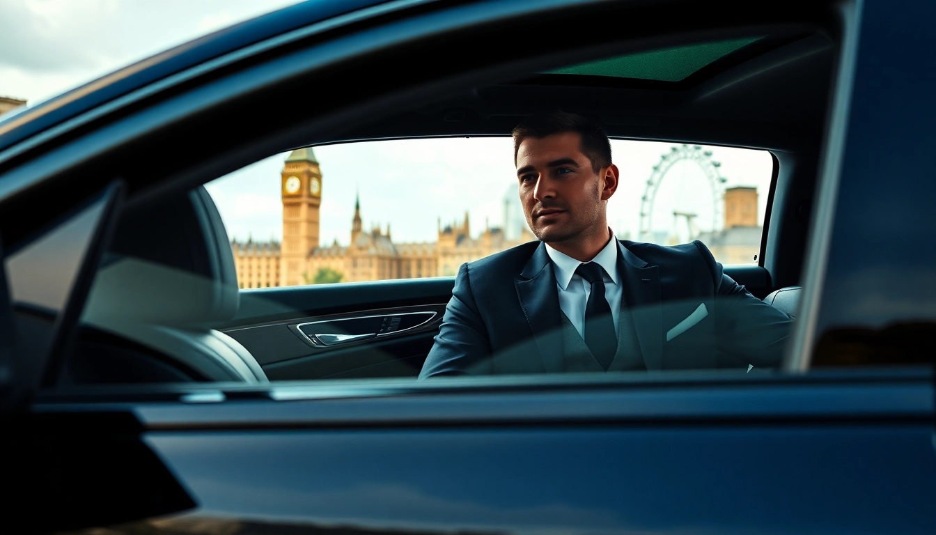 london chauffeur waiting outside a luxury hotel in London with a polished sedan.