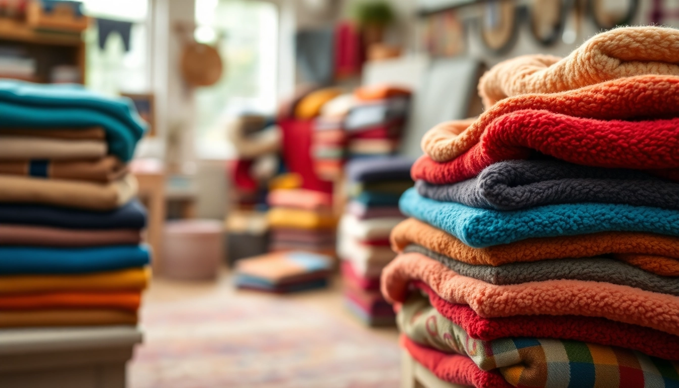 Verken fleece-stof met levendige patronen in een gezellige textielstudio.