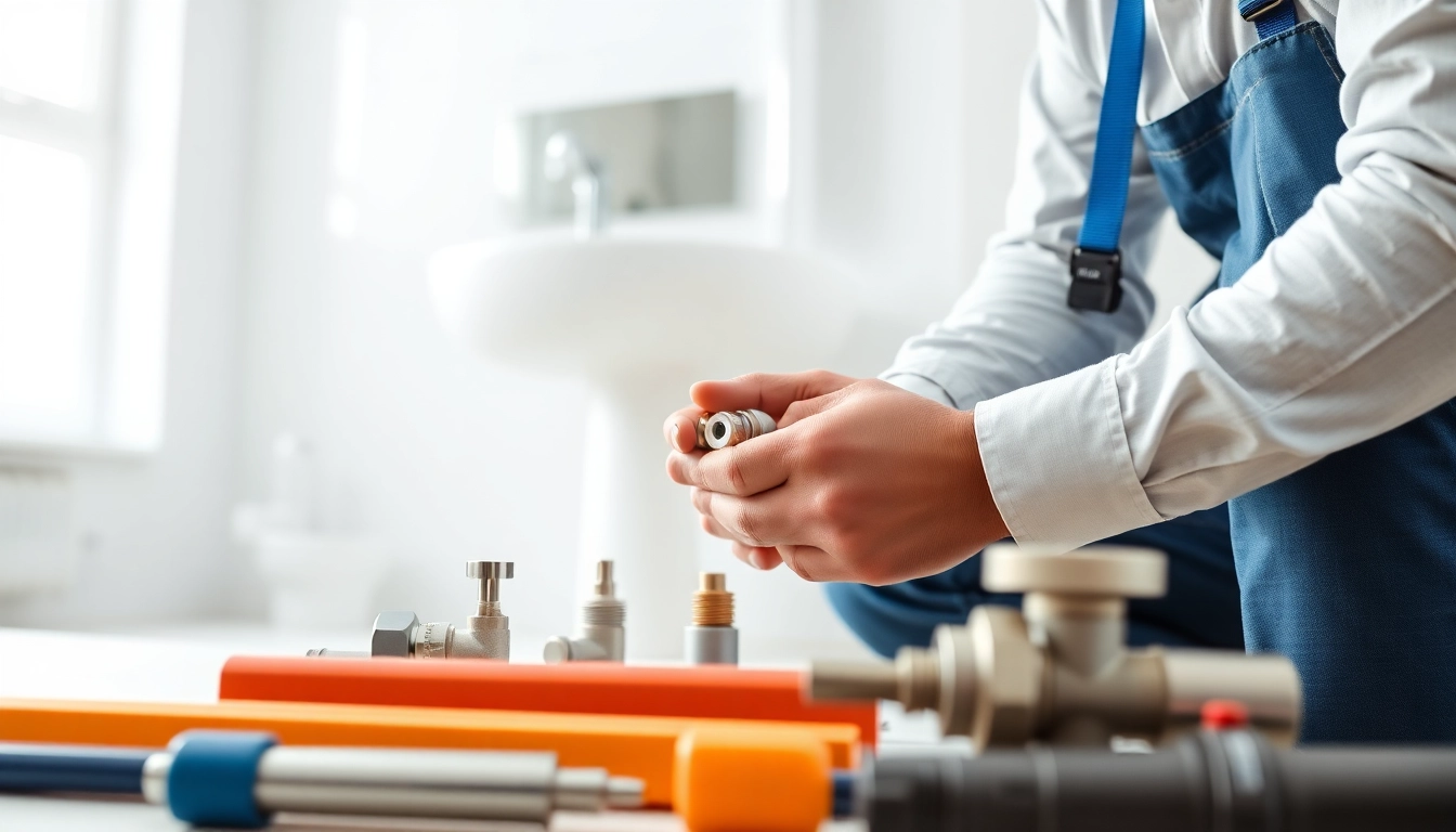 Plumbing professional expertly fixing piping in a modern bathroom setup.