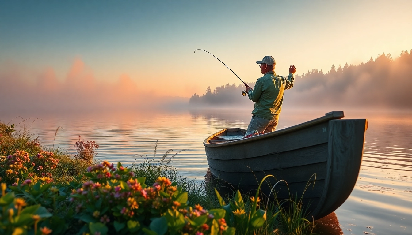 Angler casting a line while fly fishing for bass at a serene lake during sunrise.